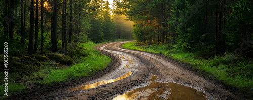 Dirt road winding through pine forest, rugged and wild