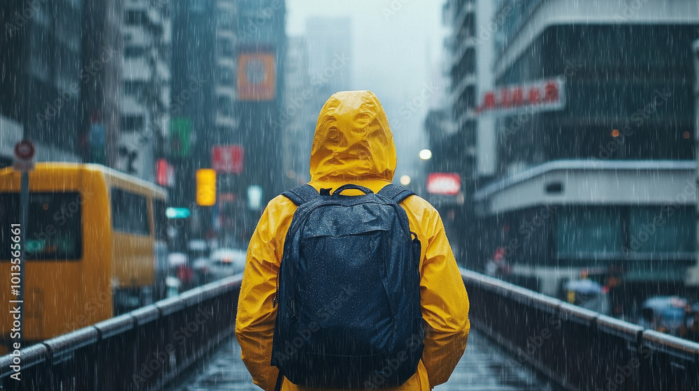 A person in yellow raincoat stands in rain, facing bustling cityscape filled with tall buildings and vibrant lights. atmosphere is moody and reflective, capturing essence of urban life in wet weather A person in yellow raincoat stands in rain, facing bustling cityscape filled with tall buildings and vibrant lights. atmosphere is moody and reflective, capturing essence of urban life in wet weather