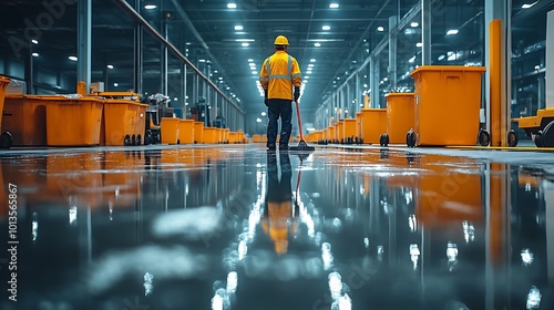Dedicated Industrial Janitor Cleaning a Glossy Floor Surrounded by Bright Orange Bins and Light