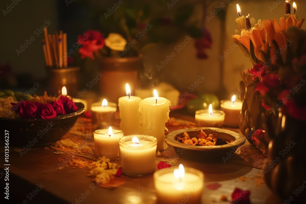 An ofrenda with candles, incense, and favorite foods. An ofrenda with candles, incense, and favorite foods.