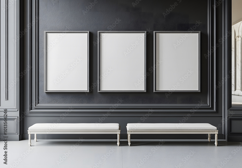 Modern gallery interior with blank frames on dark walls design. 3D Rendering design mock-up Modern gallery interior with blank frames on dark walls design. 3D Rendering design mock-up