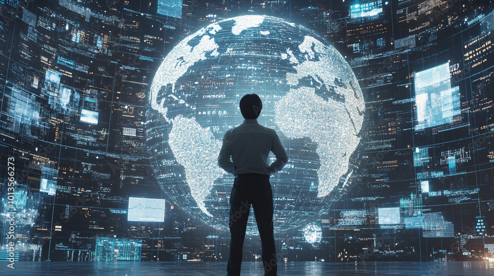 Obraz premium Businessman Looking at Global Network Connection