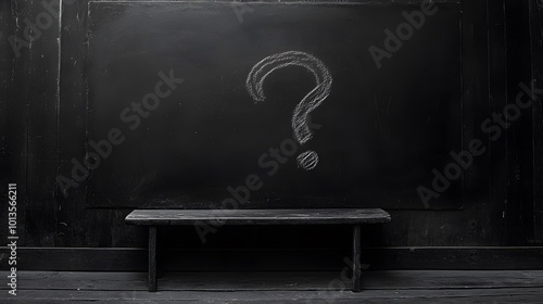 A chalk-drawn question mark on a blackboard highlights themes of curiosity and uncertainty, presented in a minimalist black-and-white style with dramatic lighting. photo