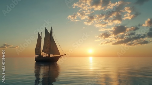 Silhouette boat sail in ocean with sunset sky and horizon line