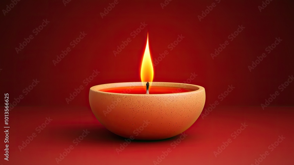 Clay oil lamp with flame on red background, symbolizing light and spirituality. Clay oil lamp with flame on red background, symbolizing light and spirituality.