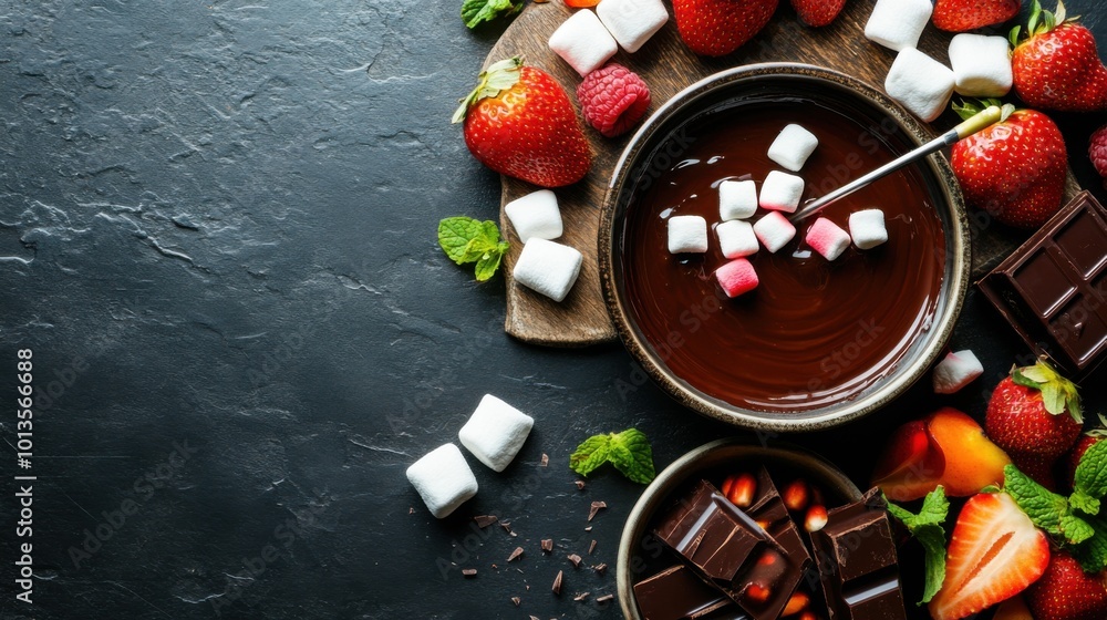 Rich Chocolate Fondue Served with Fruits and Marshmallows on a Rustic Table Rich Chocolate Fondue Served with Fruits and Marshmallows on a Rustic Table