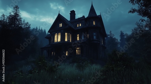 Spooky house silhouette on midnight sky mansion in hill forest