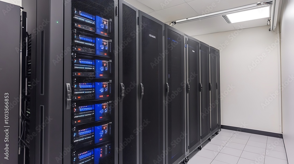 A row of black server racks in a data center. A row of black server racks in a data center.