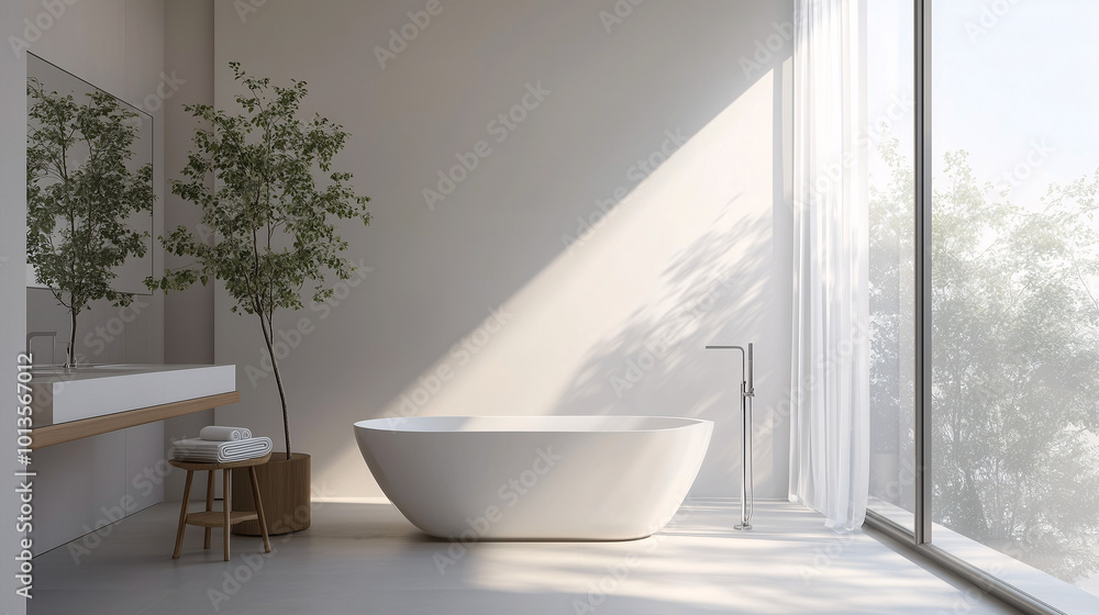 Bright minimalist bathroom with freestanding bathtub under a large window, bringing in soft daylight and emphasizing spaciousness Bright minimalist bathroom with freestanding bathtub under a large window, bringing in soft daylight and emphasizing spaciousness