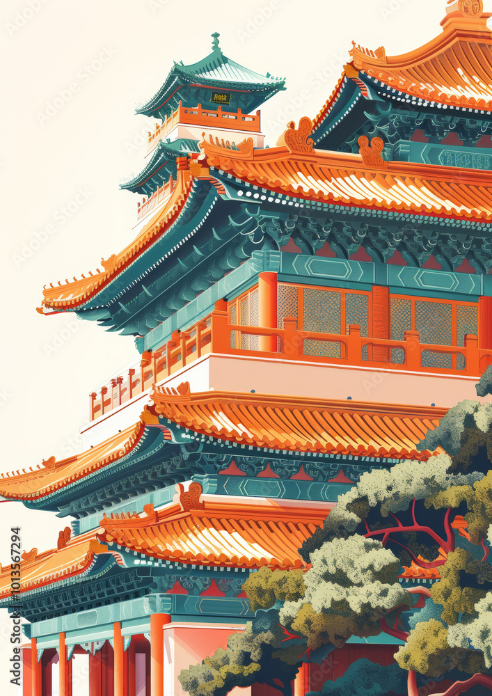 Obraz premium Chinese traditional ancient architecture art illustration