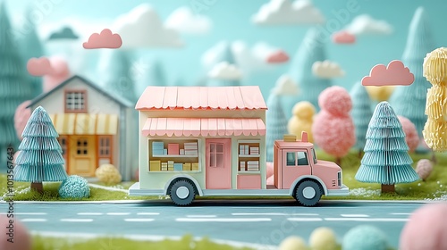 Charming Paper Cut Delivery Truck in a Colorful Fantasy Landscape with Cute Trees and Clouds