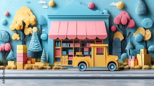 A Vibrant Delivery Scene Capturing Whimsical Nature and Playful Architecture in a Charming Style