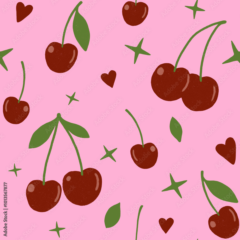 Seamless pattern of doodle hand drawn cherry fruit with leaves and hearts on pink background. Cute sweet berries allover background Seamless pattern of doodle hand drawn cherry fruit with leaves and hearts on pink background. Cute sweet berries allover background