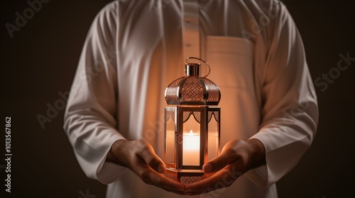 arab man holds a lantern lamp