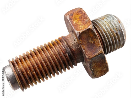 Rusted mechanical components, an old rusty bolt with iron rod screw threads and nut, isolated close up, conveying dismantling concept and difficulty in unscrewing. photo