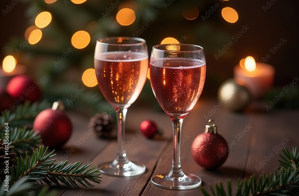 Two glasses of champagne In a cozy homely atmosphere on a wooden table against the background of a Christmas tree with blurred lights. Atmospheric, New Year's mood. Two glasses of champagne In a cozy homely atmosphere on a wooden table against the background of a Christmas tree with blurred lights. Atmospheric, New Year's mood.