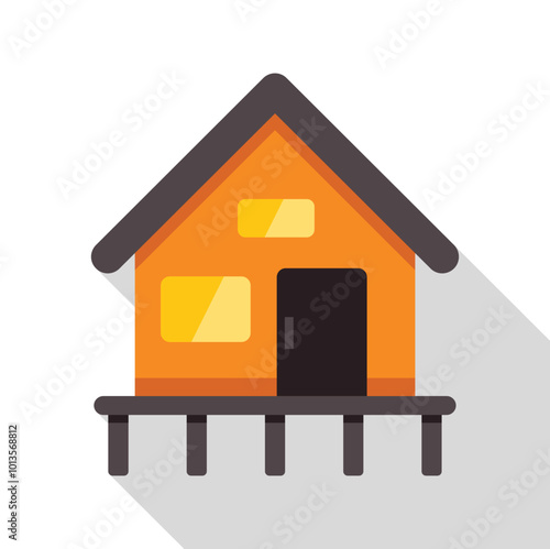 Simple vector illustration of a small orange wooden hut standing on stilts over water with a long shadow