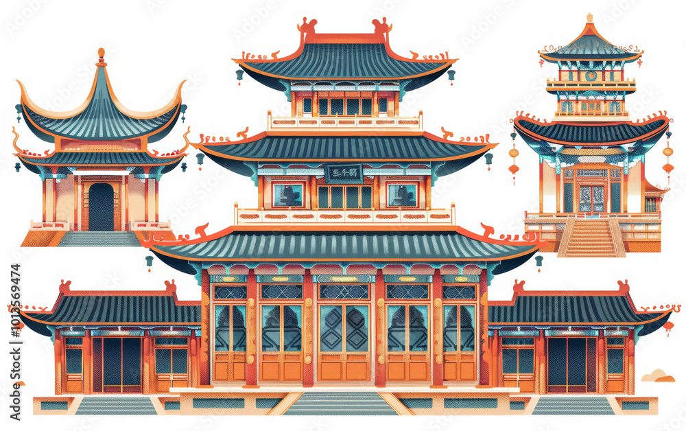 Fototapeta premium Chinese traditional ancient architecture art illustration