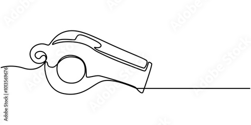 Sports whistle one line art. Continuous line drawing of sport, coach, referee, activity, equipment, goal, play, game, blowing, Continuous one line drawing of sport whistle icon in silhouette