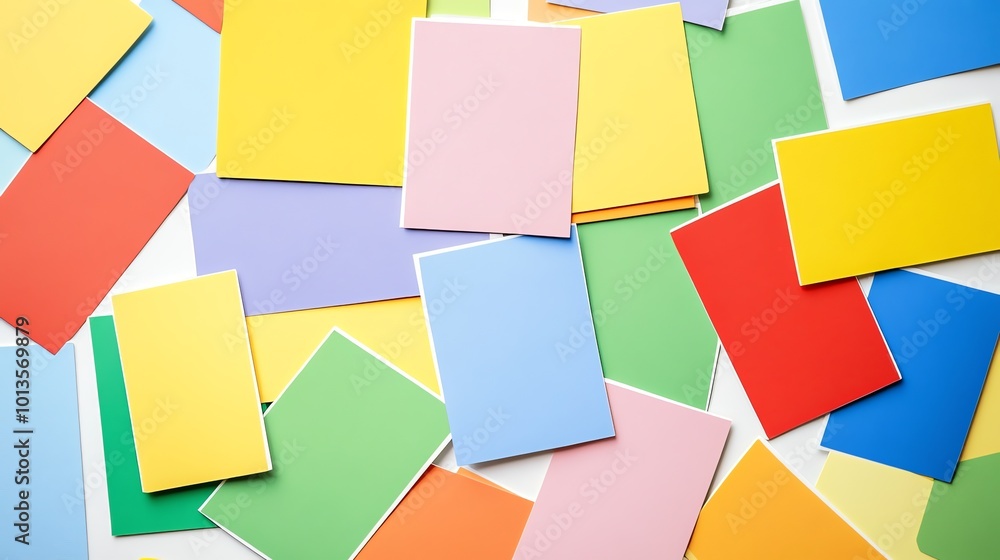 A flat lay of colorful paper cards with a white background. A flat lay of colorful paper cards with a white background.