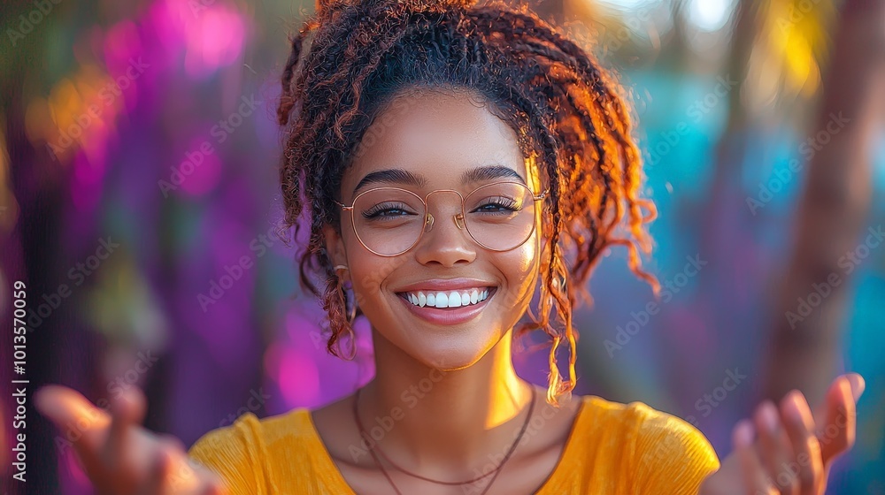 A smiling young woman with glasses, surrounded by colorful blurred backgrounds. A smiling young woman with glasses, surrounded by colorful blurred backgrounds.