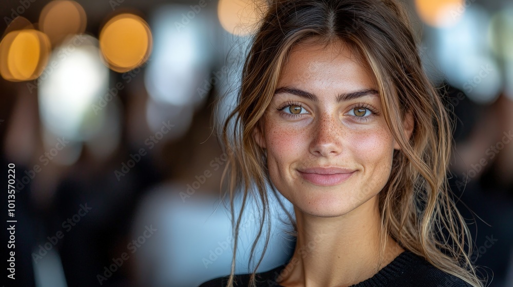 A smiling young woman with natural beauty in a social setting. A smiling young woman with natural beauty in a social setting.