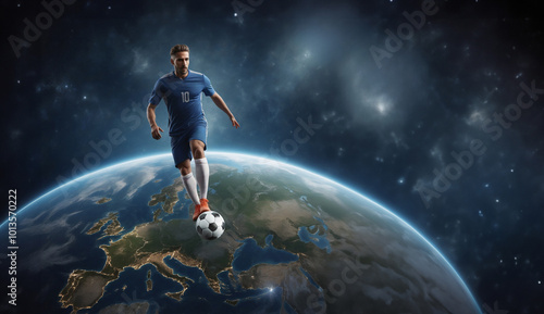 soccer player in action on top of the earth planet, over Europe, conceptual photo realistic illustration photo