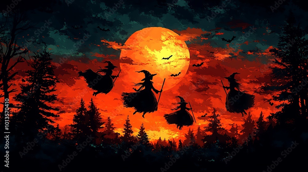 Three witches soar through the blood-red sky, casting shadows beneath a haunting harvest moon. Three witches soar through the blood-red sky, casting shadows beneath a haunting harvest moon.
