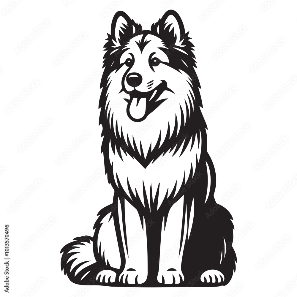 Naklejka premium Norwegian Elkhound Dog Sitting Vector illustration in black and white