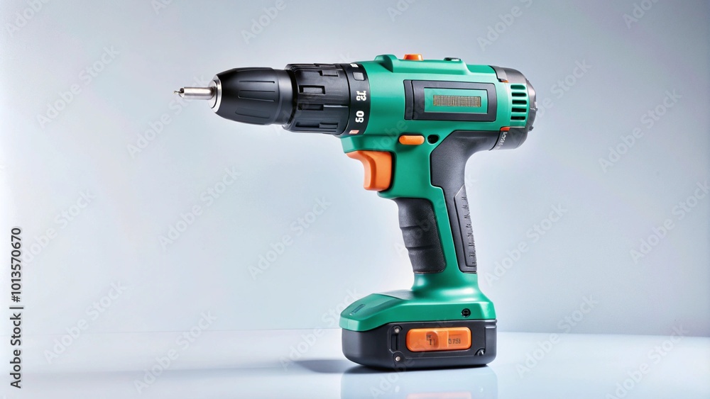 Green cordless drill with battery pack on a white surface. Green cordless drill with battery pack on a white surface.