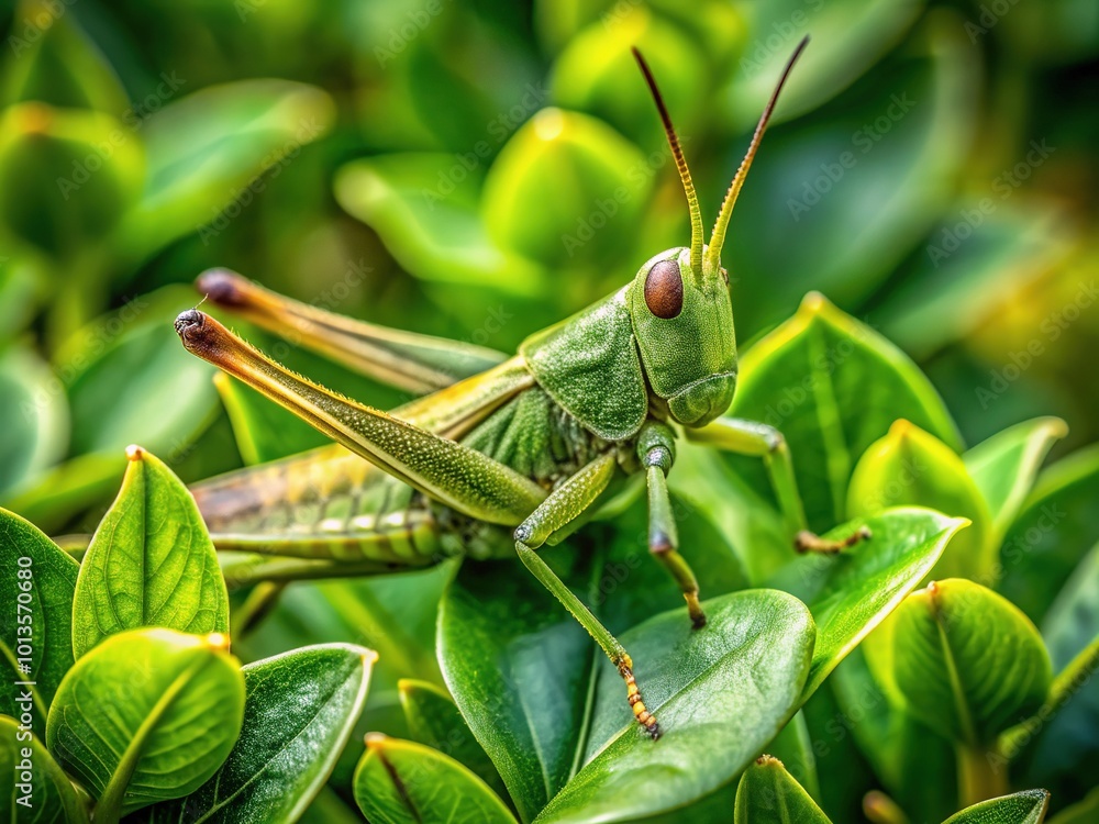 A masterfully camouflaged grasshopper harmoniously blends into the lush, emerald-green clove leaves, its delicate body and antennae expertly concealed in nature's hiding spot. A masterfully camouflaged grasshopper harmoniously blends into the lush, emerald-green clove leaves, its delicate body and antennae expertly concealed in nature's hiding spot.