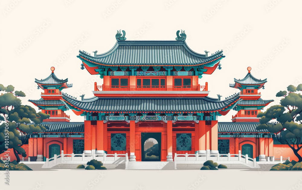 Fototapeta premium Chinese traditional ancient architecture art illustration