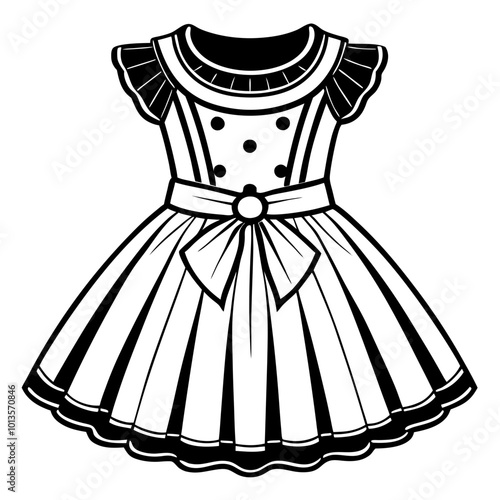 Girls dress design with Frills flat sketch fashion illustration vector template with front and back view, Toddler baby girl dress frock