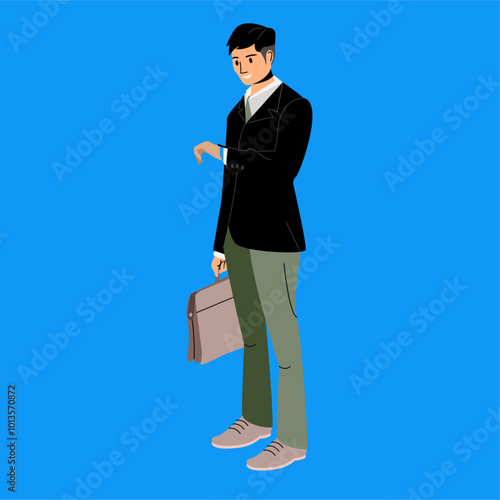 Young businessman looking at the time on his watch while carrying a briefcase, vector illustration