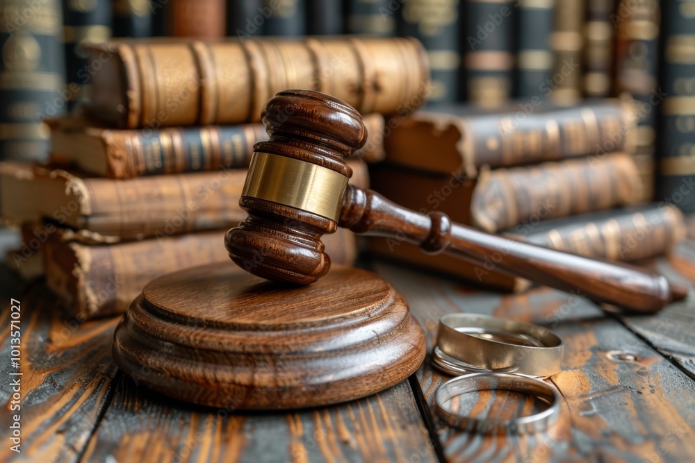 Judge s gavel, wedding rings, and divorce decree understanding marital agreements and legalities Judge s gavel, wedding rings, and divorce decree understanding marital agreements and legalities