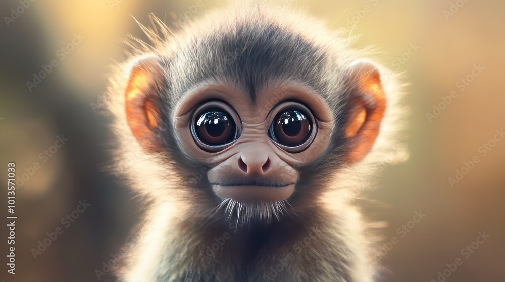 A close-up digital rendering of a stylized monkey with big, expressive eyes and a soft fur texture against a blurred background.