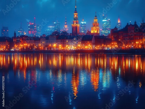 stunning nighttime cityscape of warsaw poland illuminated by vibrant lights reflecting off the vistula river showcasing the architectural beauty and lively atmosphere of the capital city