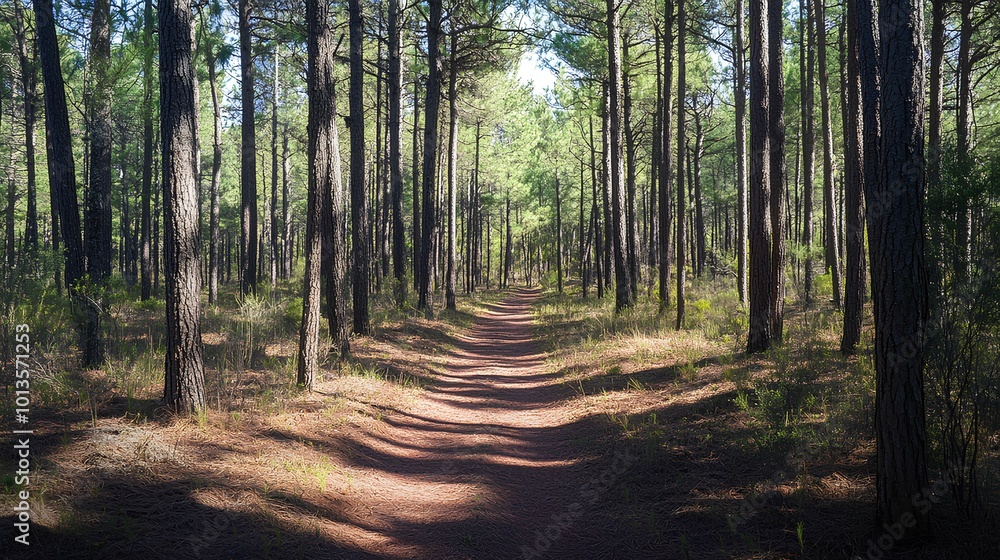 Fototapeta premium A tranquil forest pathway surrounded by tall trees, inviting exploration and showcasing nature's beauty.