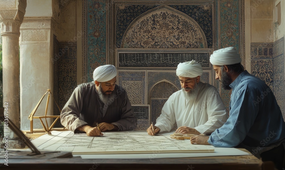 Three men in turbans working on a map. Three men in turbans working on a map.