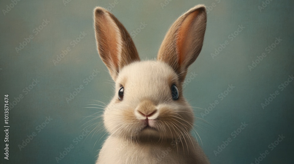 A digital illustration of an anthropomorphic rabbit with large eyes, prominent ears, and a cute expression against a teal background.