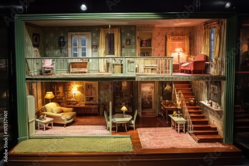 A creepy dollhouse with moving furniture. photo