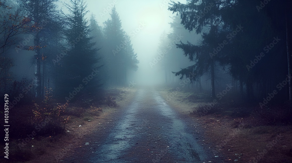 Fototapeta premium A misty forest path under soft lighting, surrounded by trees, creates an ethereal and tranquil atmosphere.