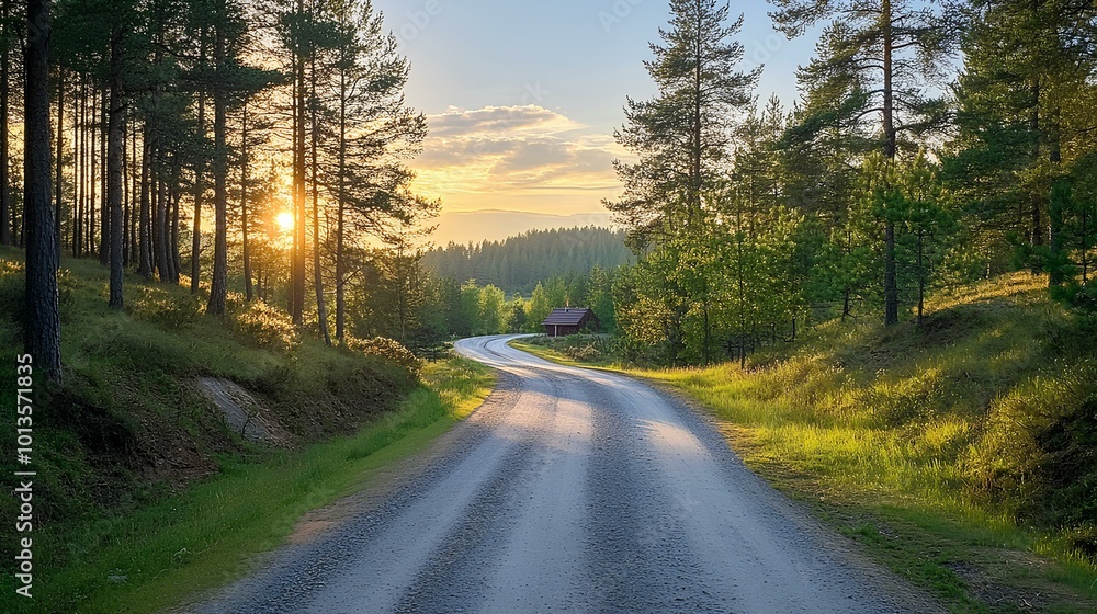 Fototapeta premium A serene dirt road meanders through a lush forest, bathed in golden sunlight, inviting exploration and tranquility.