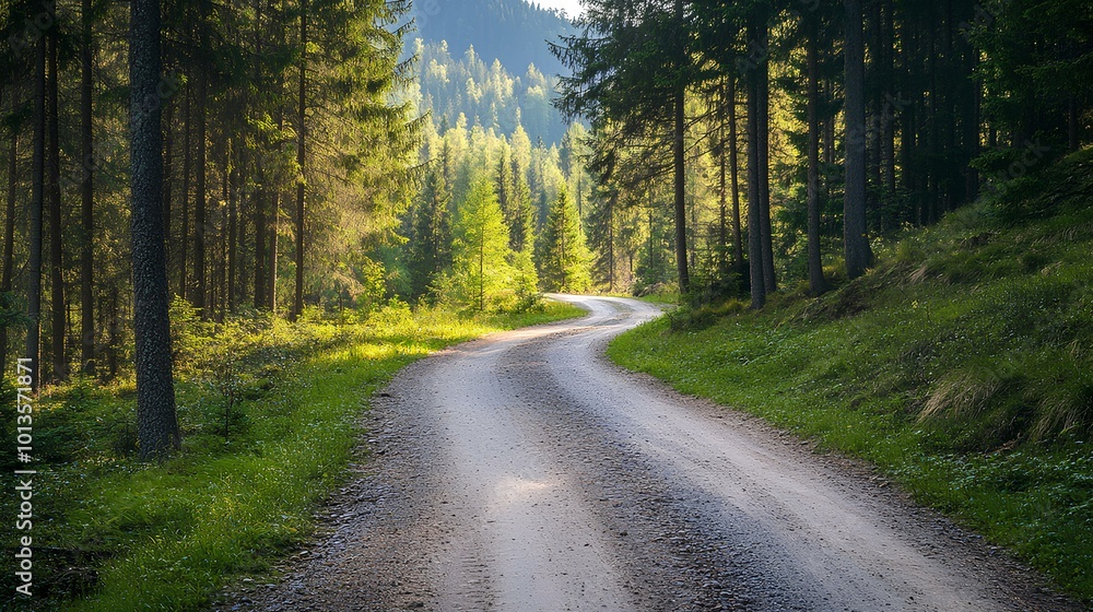 Fototapeta premium A winding dirt road meanders through a lush forest, framed by tall trees and vibrant greenery under soft sunlight.