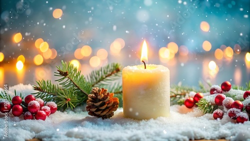 burning candle in snow with festive decoration