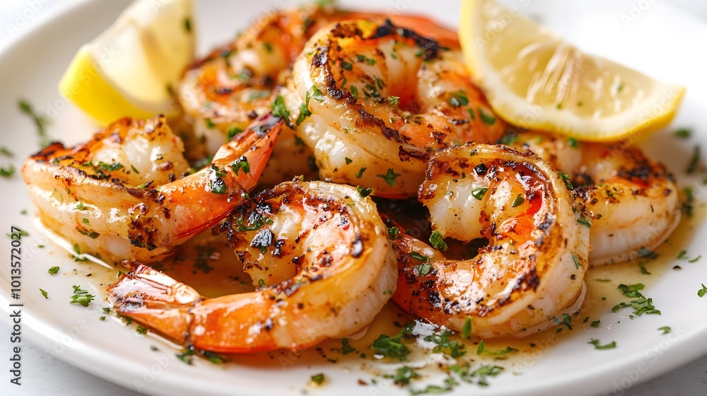 Grilled jumbo shrimp in garlic butter sauce are beautifully presented on a white ceramic plate, showcasing vibrant colors and succulent textures in close-up food photography of Mediterranean cuisine. Grilled jumbo shrimp in garlic butter sauce are beautifully presented on a white ceramic plate, showcasing vibrant colors and succulent textures in close-up food photography of Mediterranean cuisine.