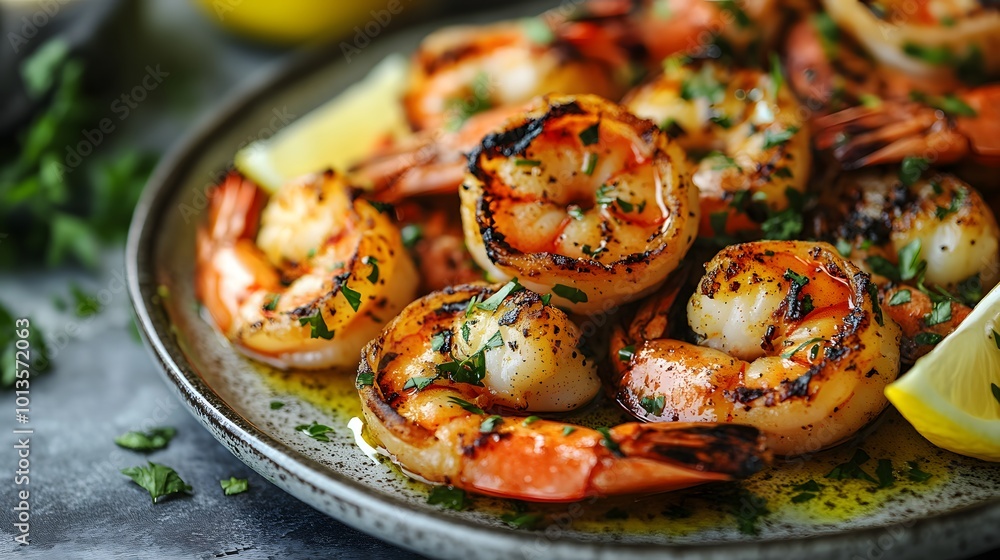 Grilled jumbo shrimp in garlic butter sauce are beautifully presented on a white ceramic plate, showcasing vibrant colors and succulent textures in close-up food photography of Mediterranean cuisine. Grilled jumbo shrimp in garlic butter sauce are beautifully presented on a white ceramic plate, showcasing vibrant colors and succulent textures in close-up food photography of Mediterranean cuisine.
