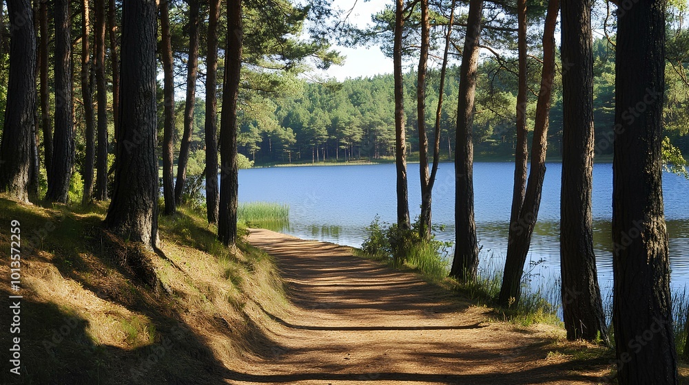 A tranquil forest path leads to a serene lake, framed by tall trees and dappled sunlight, offering a peaceful escape into nature. A tranquil forest path leads to a serene lake, framed by tall trees and dappled sunlight, offering a peaceful escape into nature.