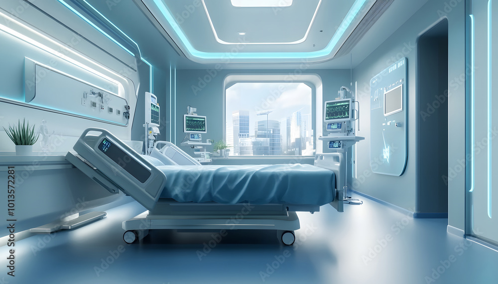 Modern Hospital Room with Empty Bed Medical Equipment and Blue Walls design Modern Hospital Room with Empty Bed Medical Equipment and Blue Walls design