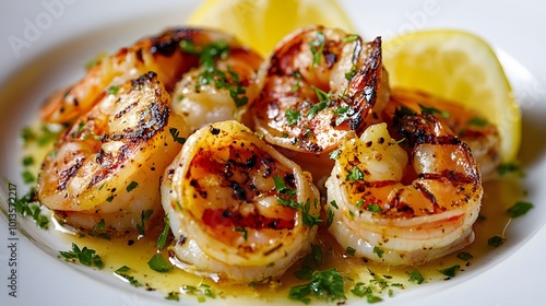 Grilled jumbo shrimp in garlic butter sauce are beautifully presented on a white ceramic plate, showcasing vibrant colors and succulent textures in close-up food photography of Mediterranean cuisine.